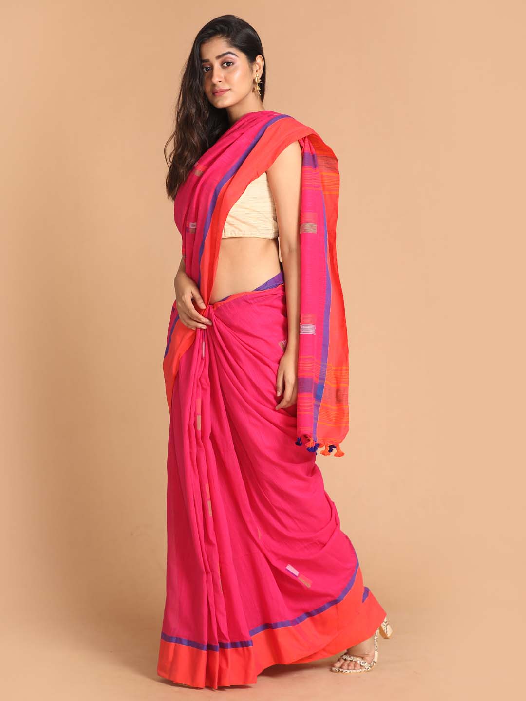 Indethnic Pink Bengal Handloom Pure Cotton Saree Work Saree - View 2