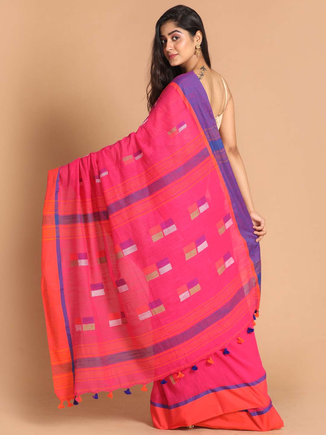 Indethnic Pink Bengal Handloom Pure Cotton Saree Work Saree - View 3