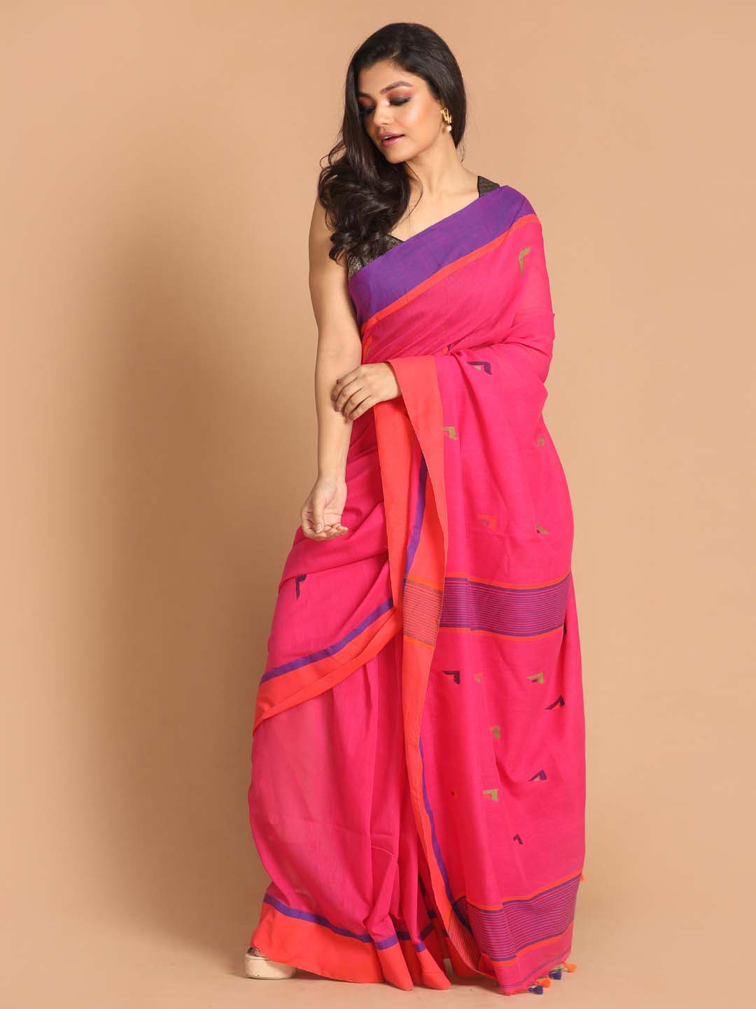 Indethnic Pink Bengal Handloom Pure Cotton Saree Work Saree - View 1