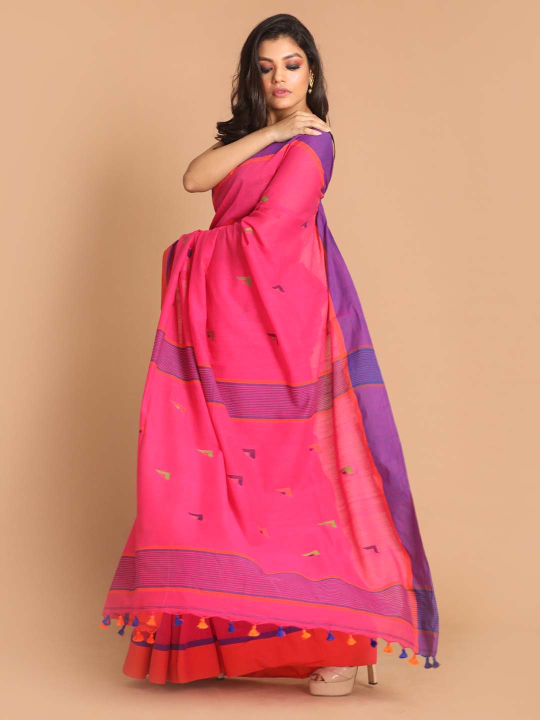 Indethnic Pink Bengal Handloom Pure Cotton Saree Work Saree - View 2