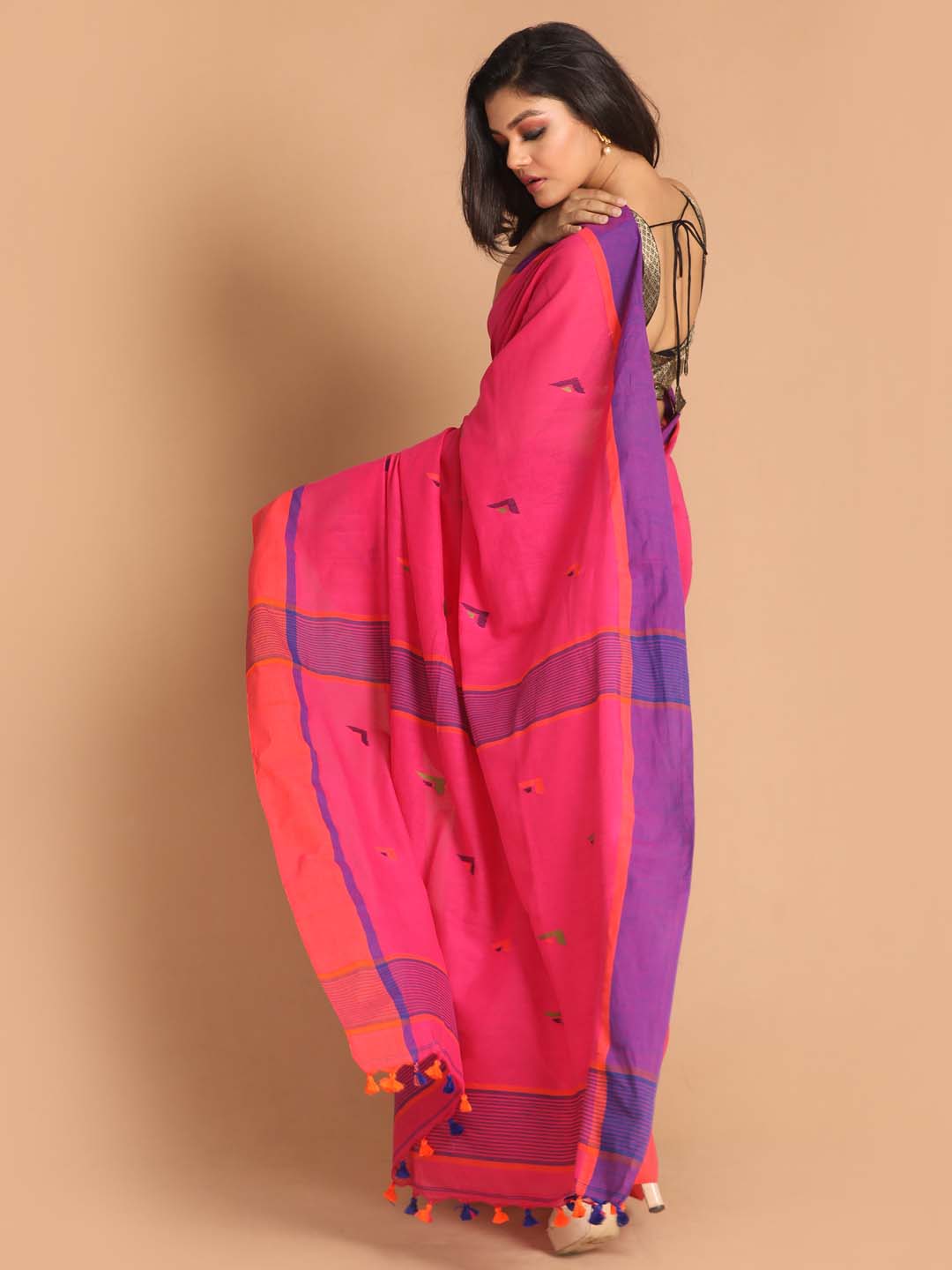 Indethnic Pink Bengal Handloom Pure Cotton Saree Work Saree - View 3