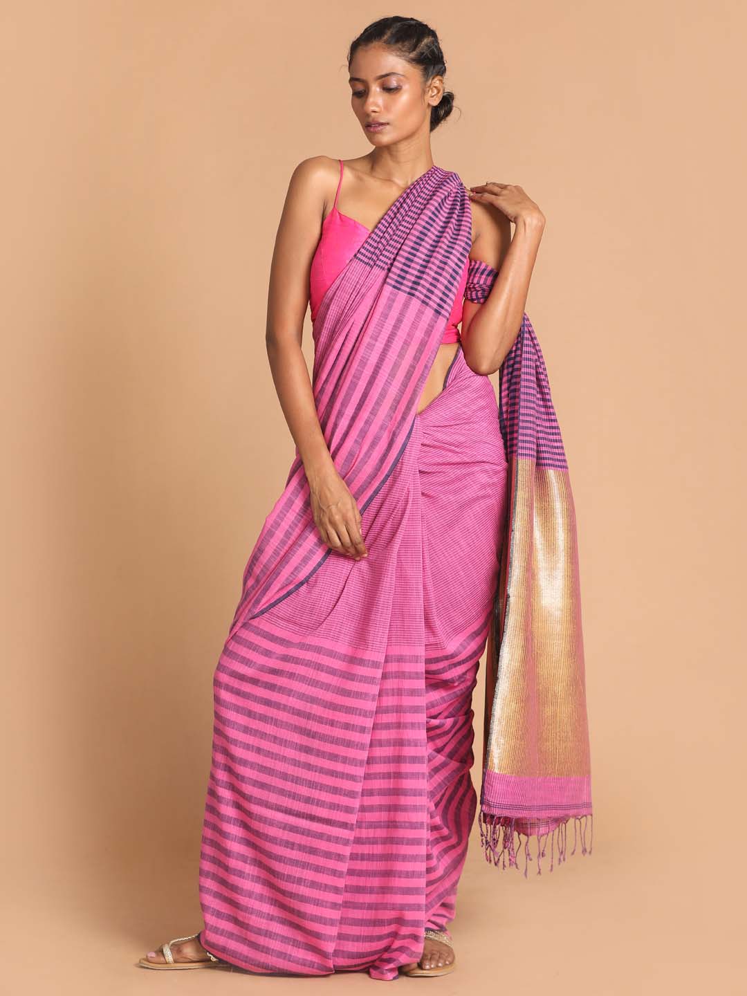 Indethnic Pink Bengal Handloom Pure Cotton Saree Work Saree - View 1