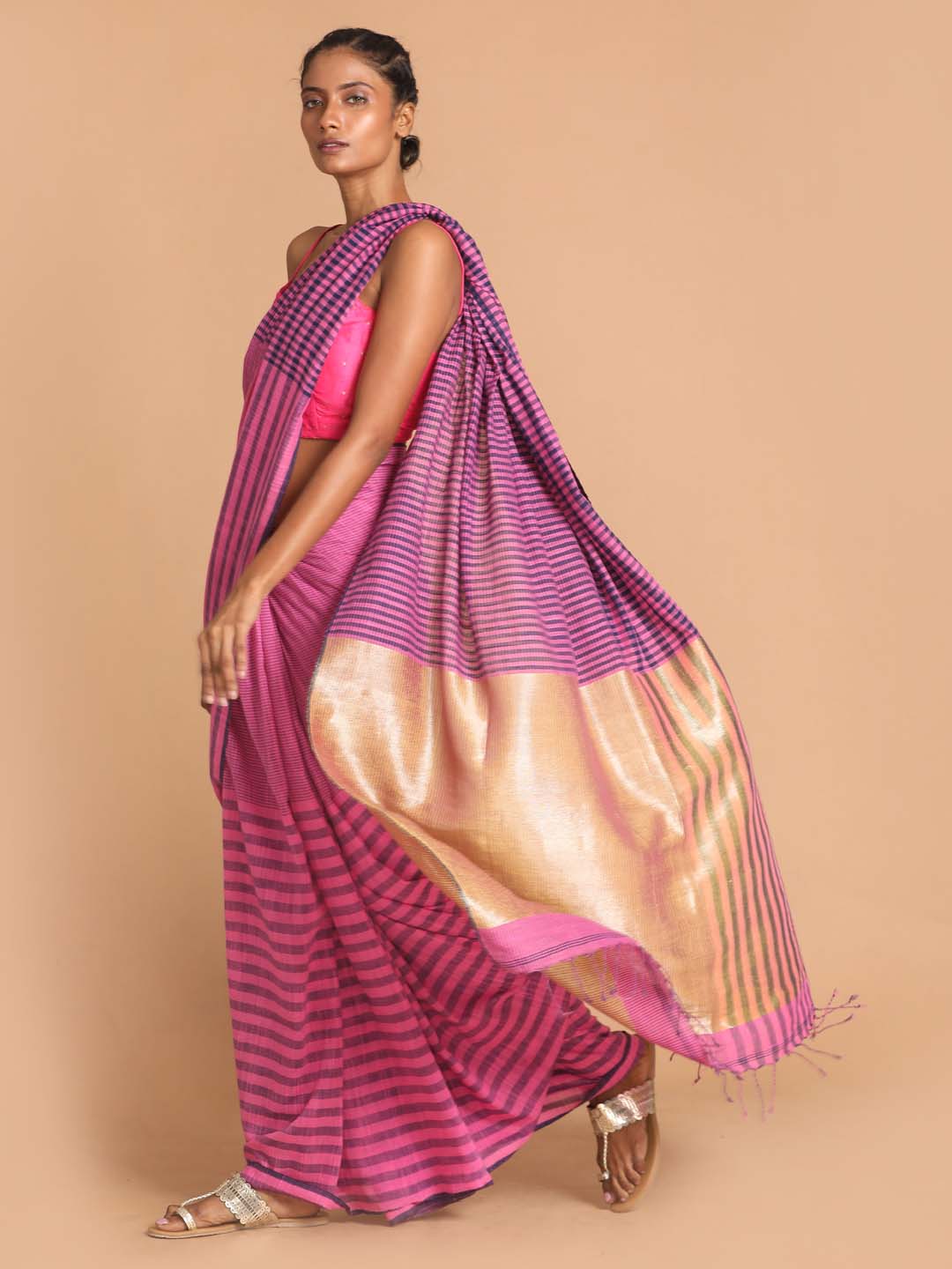 Indethnic Pink Bengal Handloom Pure Cotton Saree Work Saree - View 2