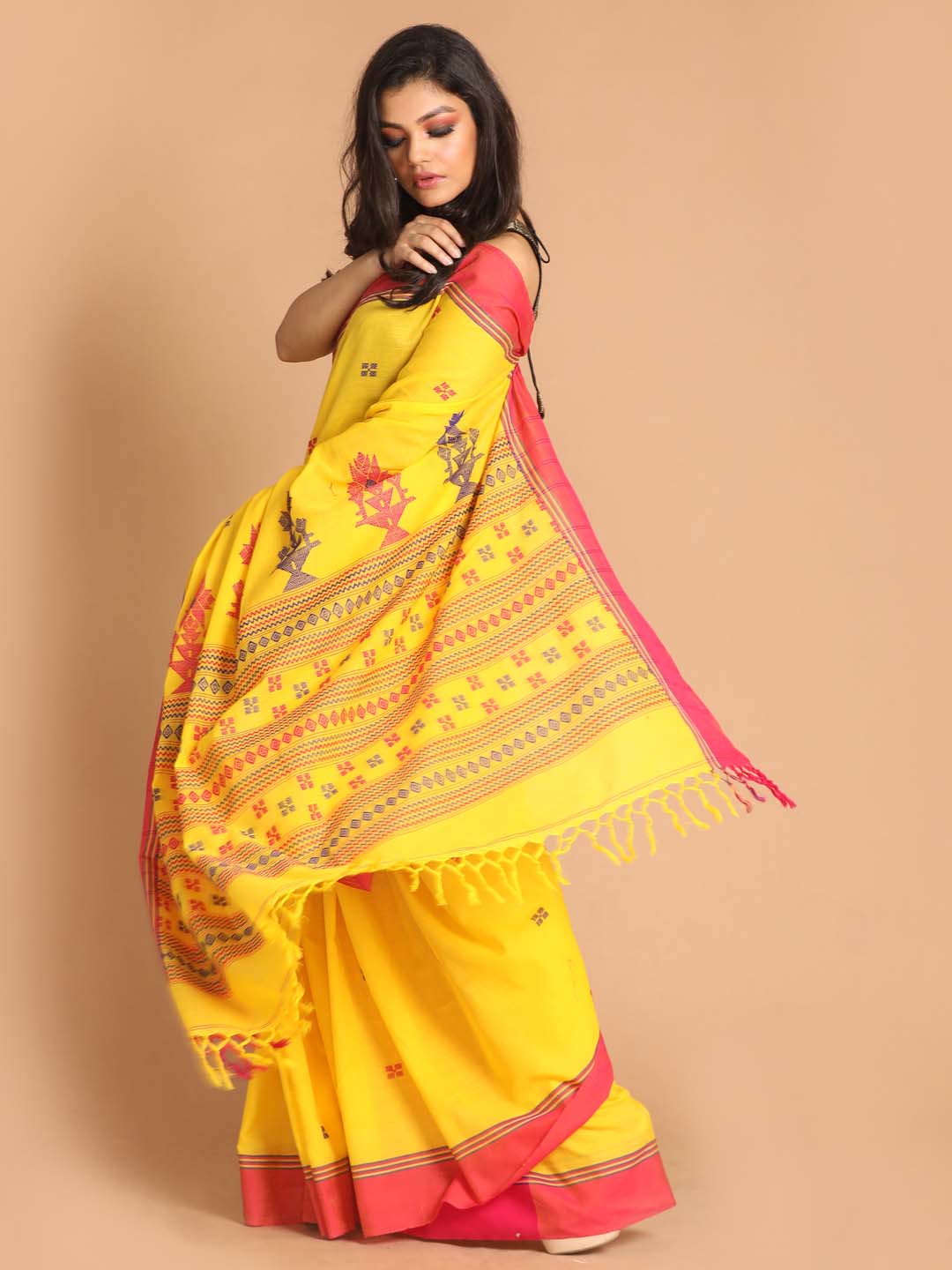 Indethnic Yellow Bengal Handloom Pure Cotton Saree Daily Saree - View 2