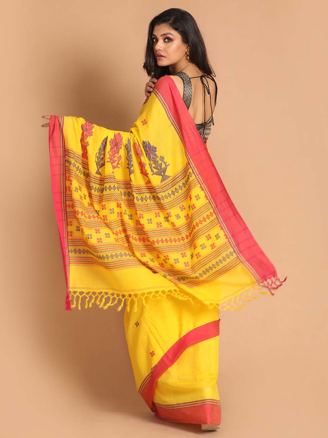 Indethnic Yellow Bengal Handloom Pure Cotton Saree Daily Saree - View 3