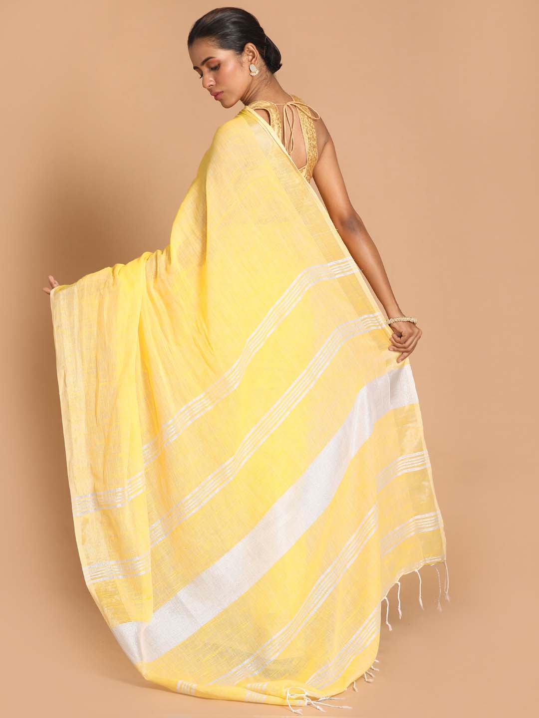 Indethnic Yellow Bengal Handloom Pure Cotton Saree Work Saree - View 3