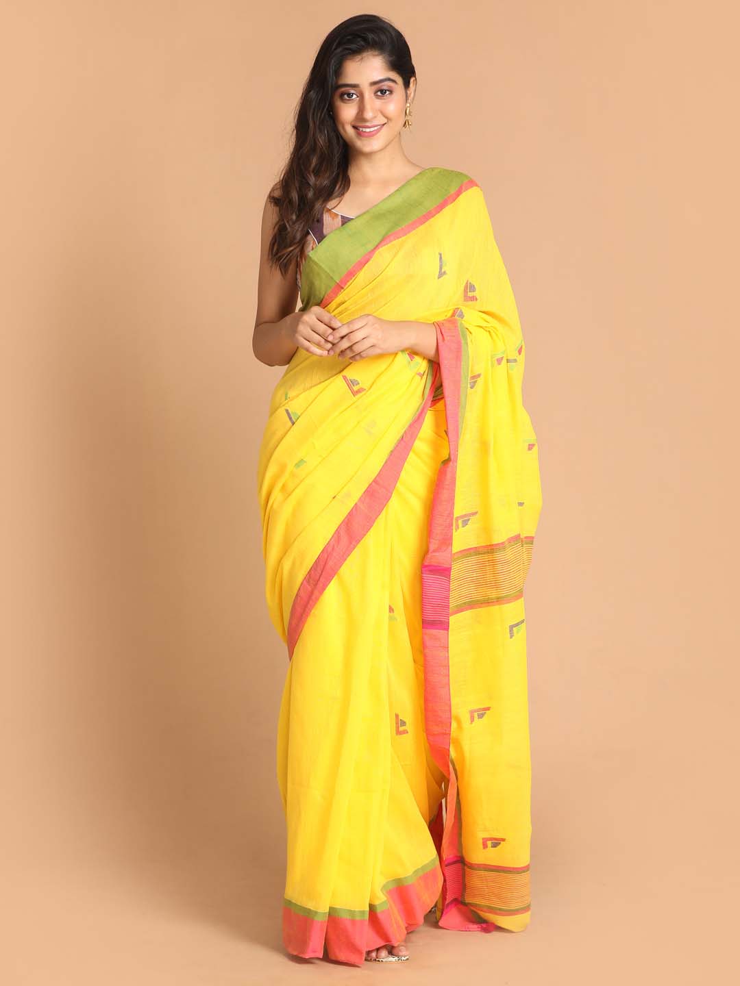 Indethnic Yellow Bengal Handloom Pure Cotton Saree Work Saree - View 1