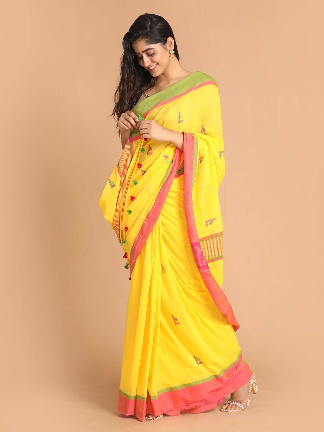 Indethnic Yellow Bengal Handloom Pure Cotton Saree Work Saree - View 2