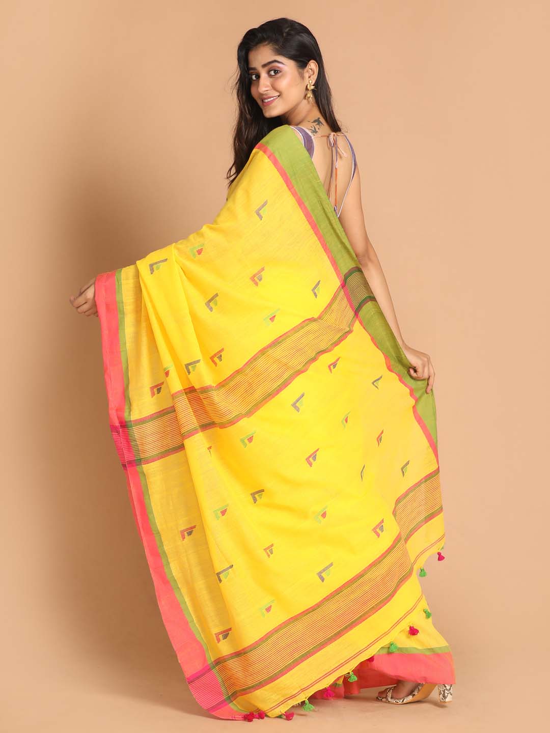 Indethnic Yellow Bengal Handloom Pure Cotton Saree Work Saree - View 3