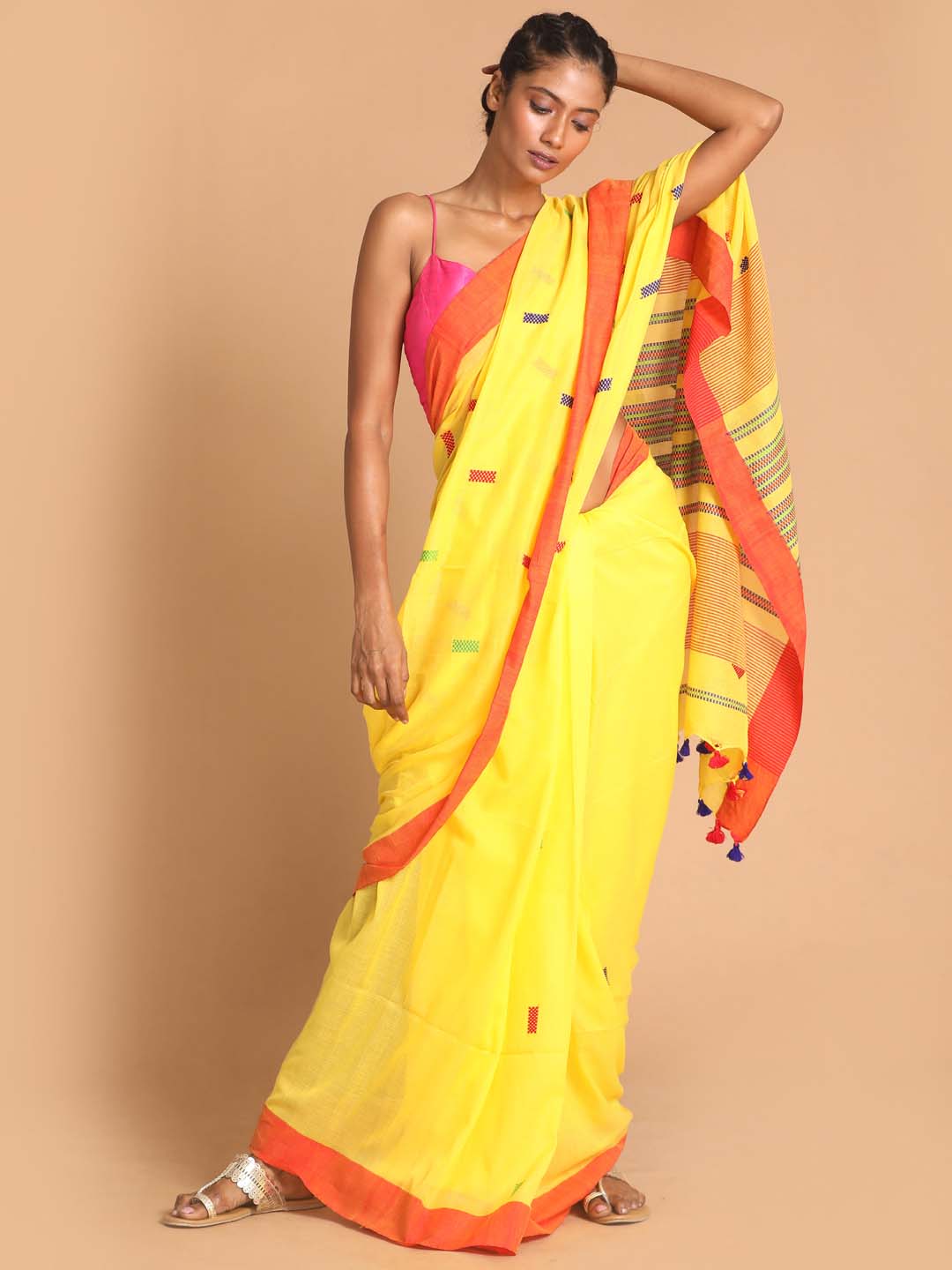 Indethnic Yellow Bengal Handloom Pure Cotton Saree Work Saree - View 1