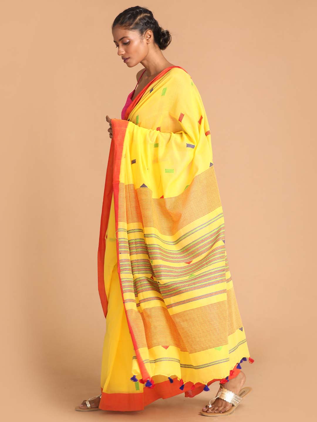 Indethnic Yellow Bengal Handloom Pure Cotton Saree Work Saree - View 2