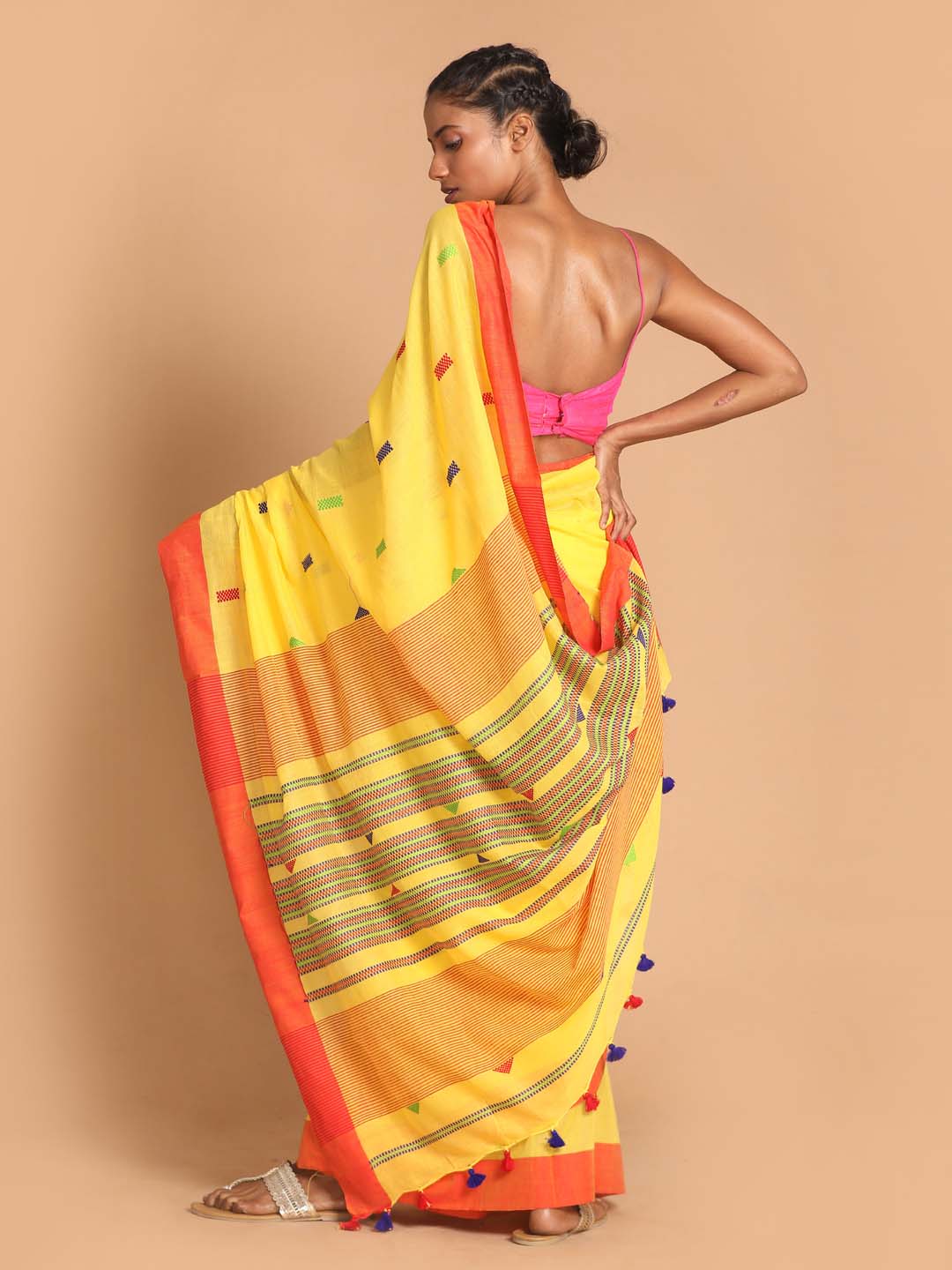 Indethnic Yellow Bengal Handloom Pure Cotton Saree Work Saree - View 3