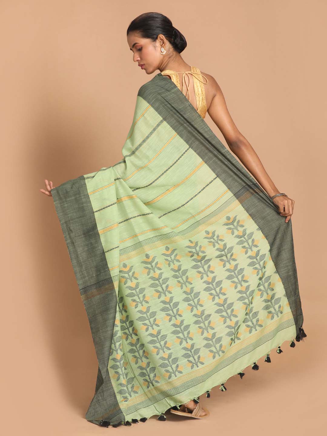 Indethnic Pista Bengal Handloom Pure Cotton Saree Daily Saree - View 3