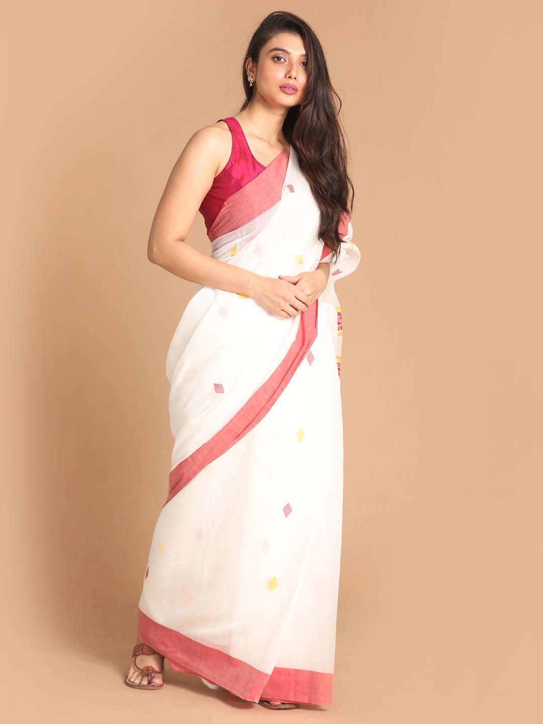 Indethnic White Bengal Handloom Cotton Blend Work Saree - View 1