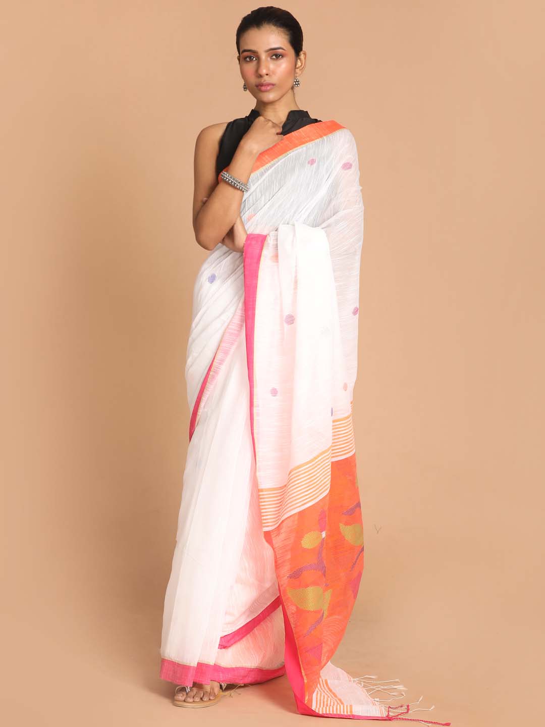 Indethnic White Bengal Handloom Cotton Blend Work Saree - View 1