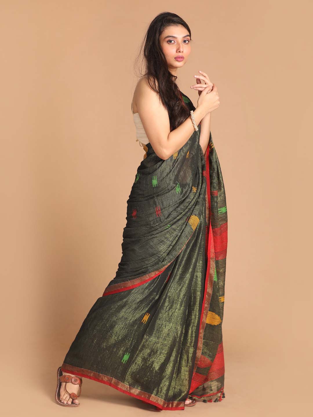 Indethnic Black Bengal Handloom Cotton Blend Party Saree - View 2