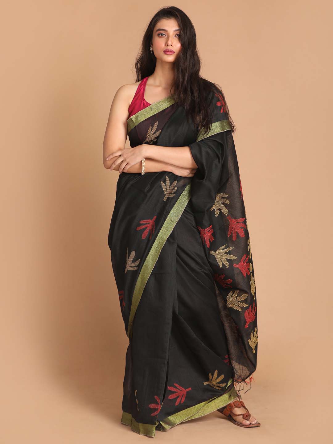 Indethnic Black Bengal Handloom Cotton Blend Work Saree - View 1