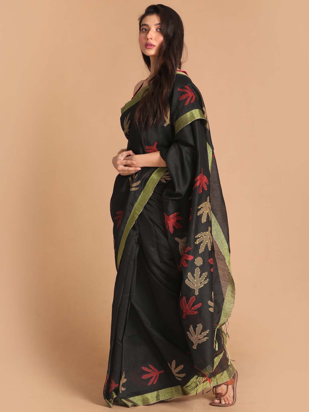 Indethnic Black Bengal Handloom Cotton Blend Work Saree - View 2