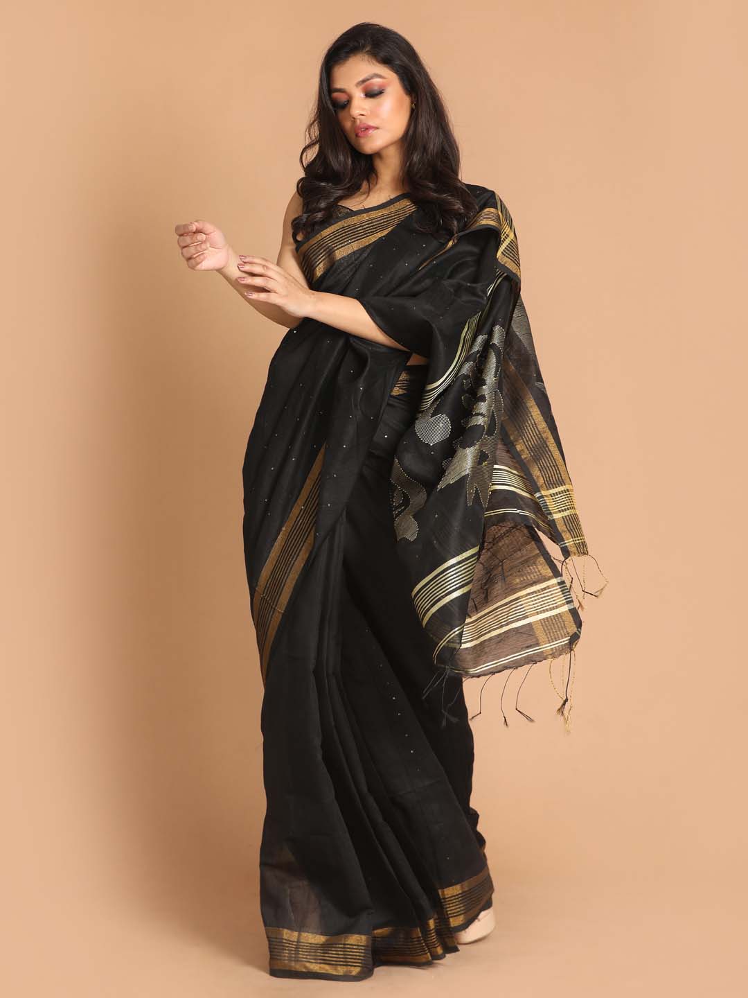 Indethnic Black Bengal Handloom Cotton Blend Work Saree - View 1