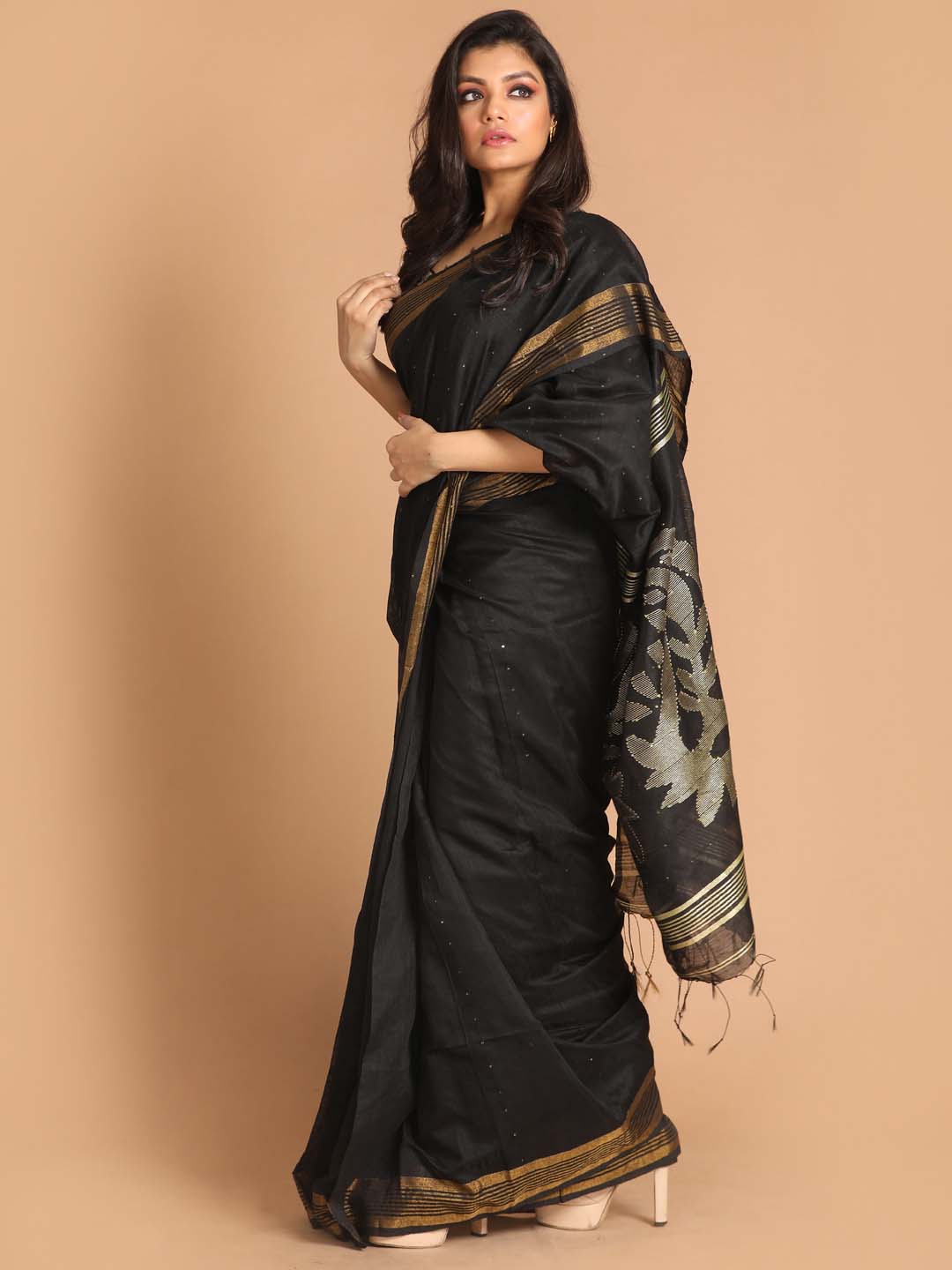 Indethnic Black Bengal Handloom Cotton Blend Work Saree - View 2