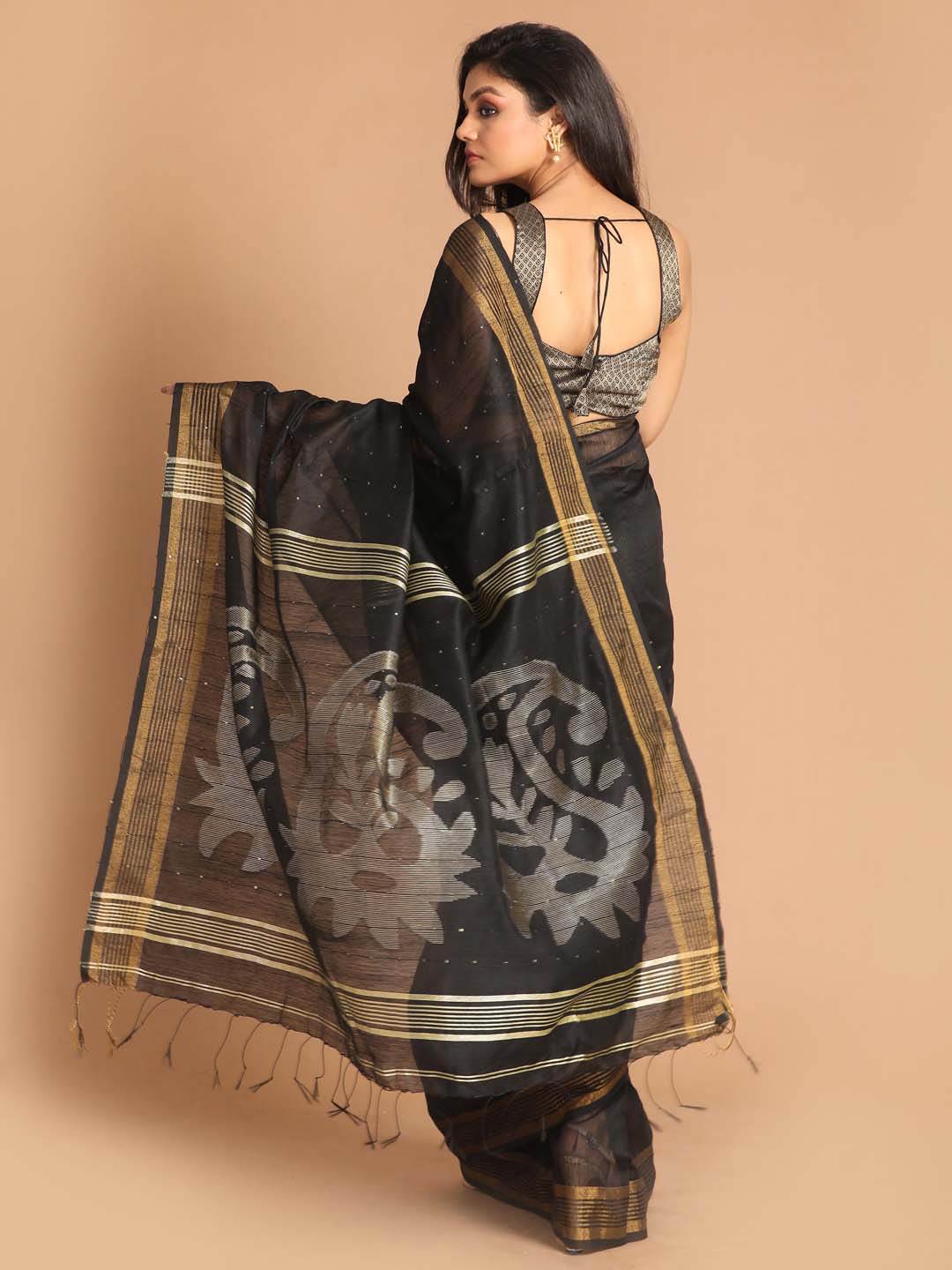 Indethnic Black Bengal Handloom Cotton Blend Work Saree - View 3