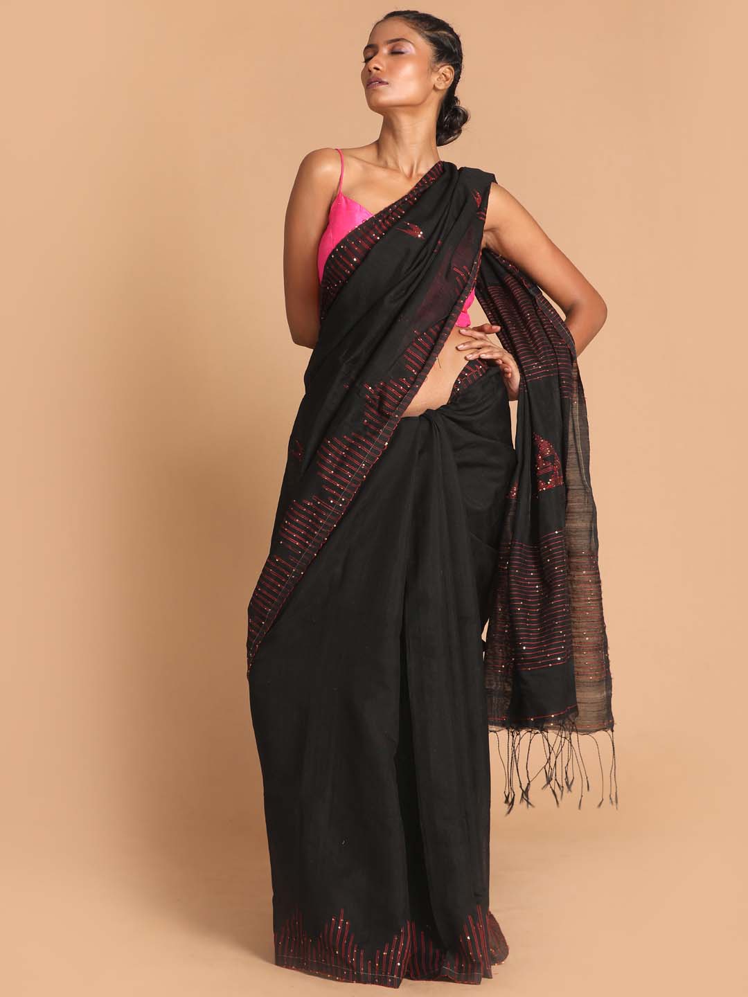Indethnic Black Bengal Handloom Cotton Blend Work Saree - View 1