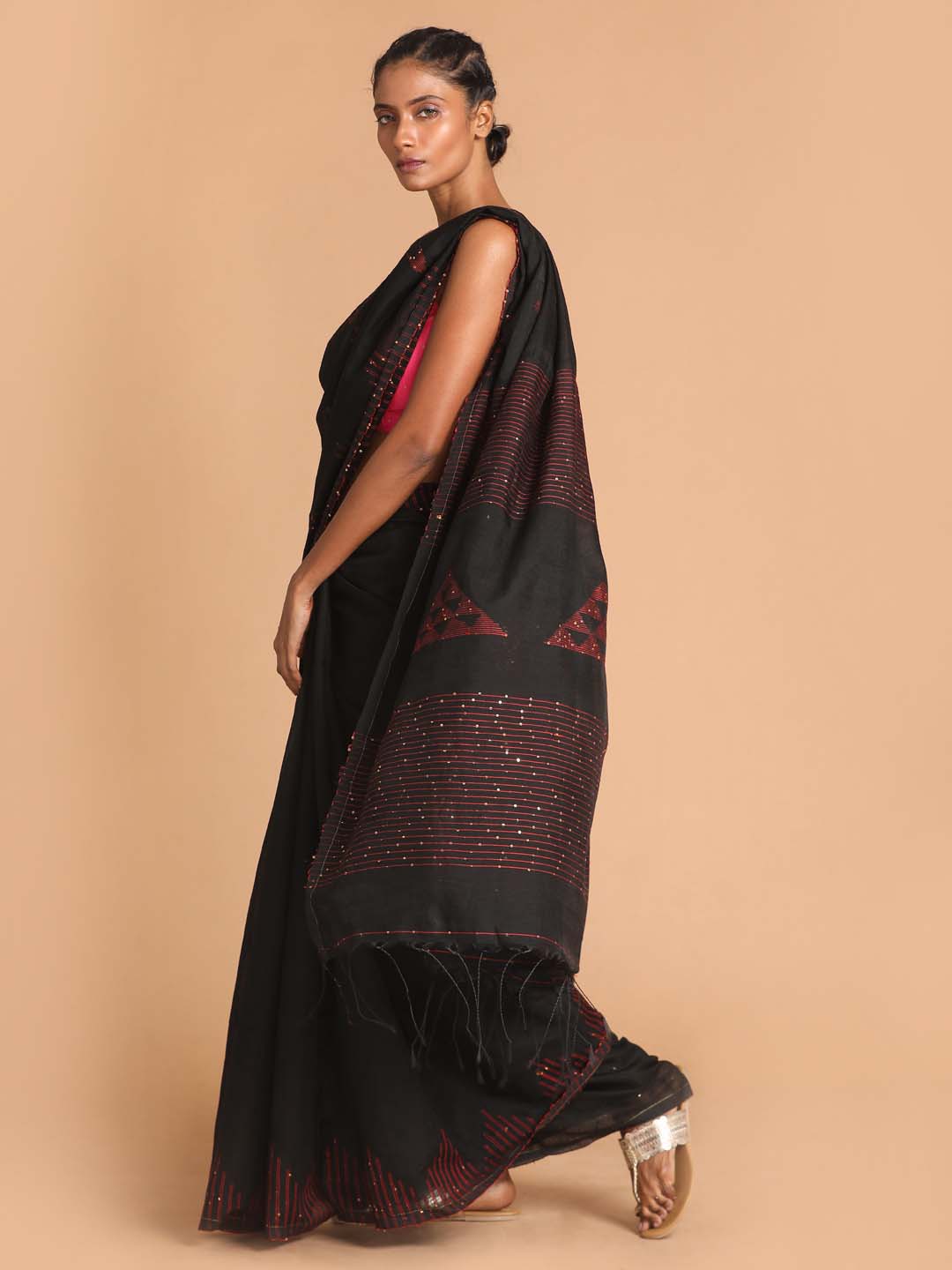 Indethnic Black Bengal Handloom Cotton Blend Work Saree - View 2