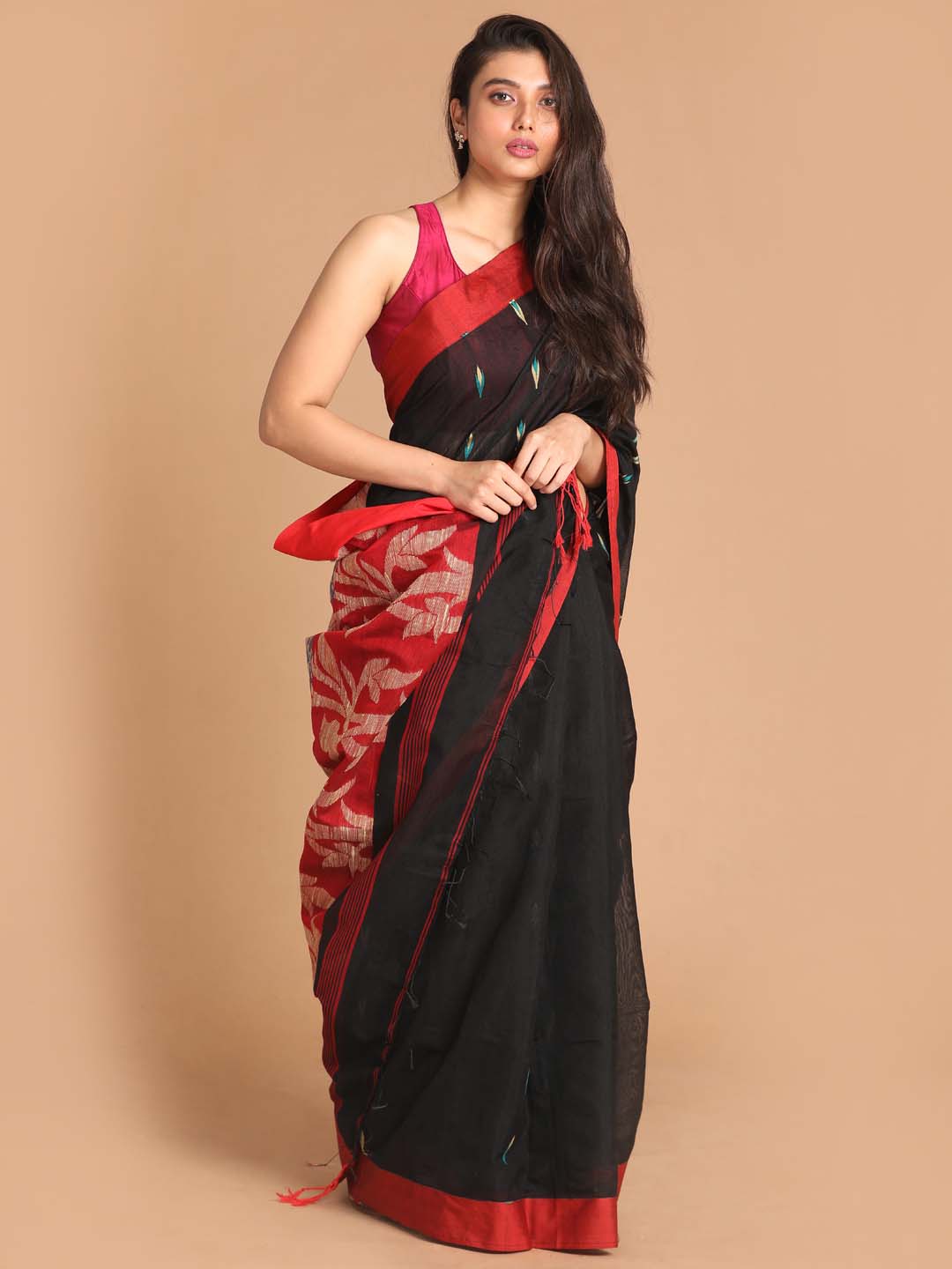 Indethnic Black Bengal Handloom Cotton Blend Work Saree - View 1