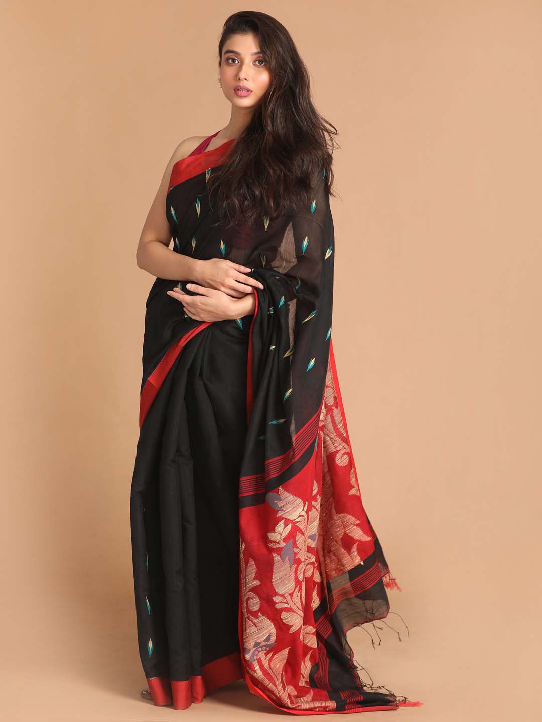 Indethnic Black Bengal Handloom Cotton Blend Work Saree - View 2