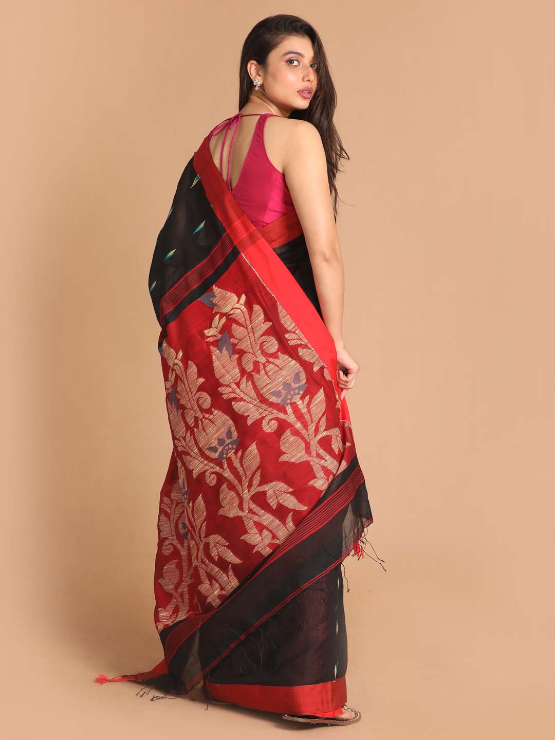 Indethnic Black Bengal Handloom Cotton Blend Work Saree - View 3