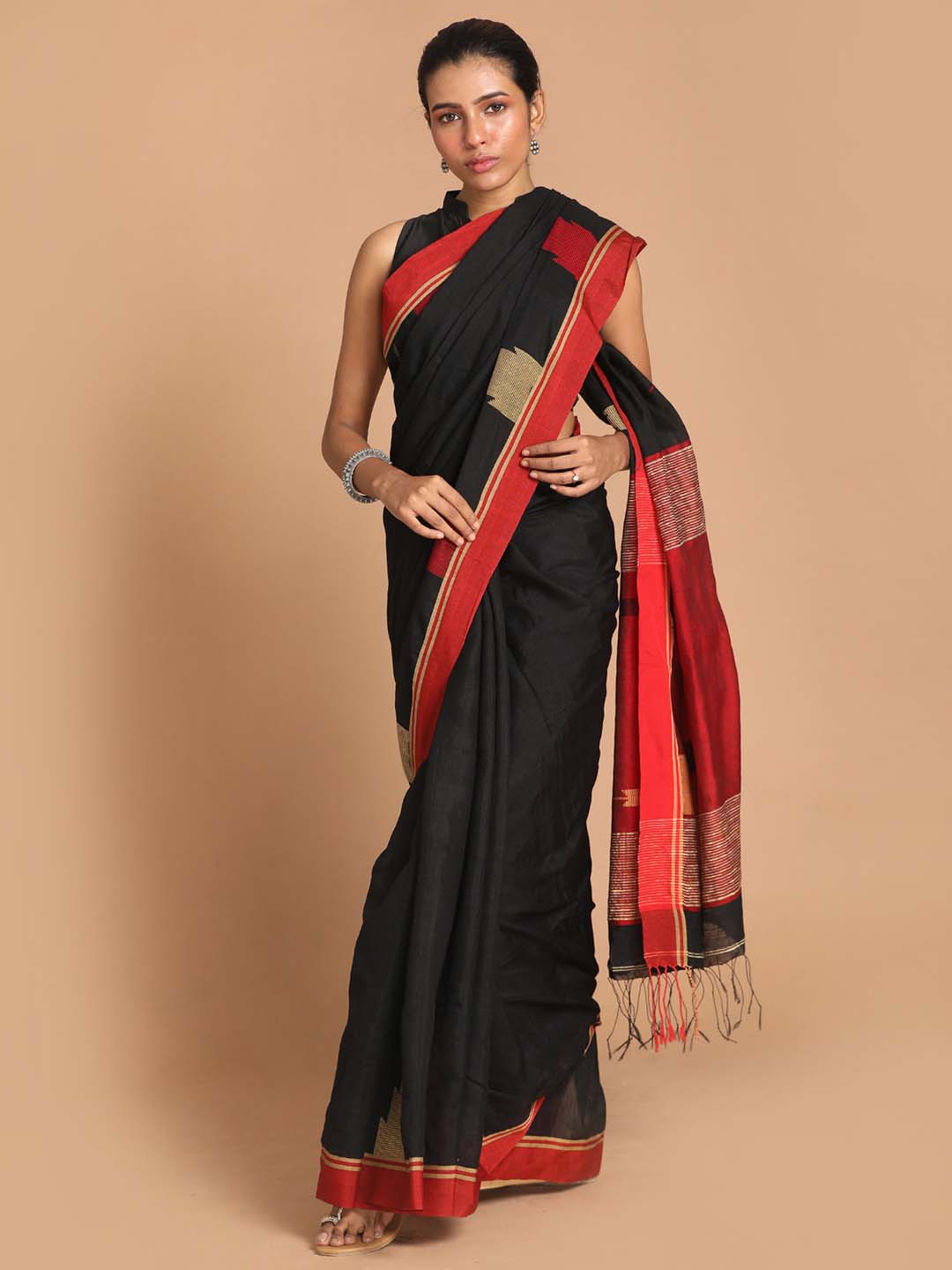 Indethnic Black Bengal Handloom Cotton Blend Work Saree - View 1