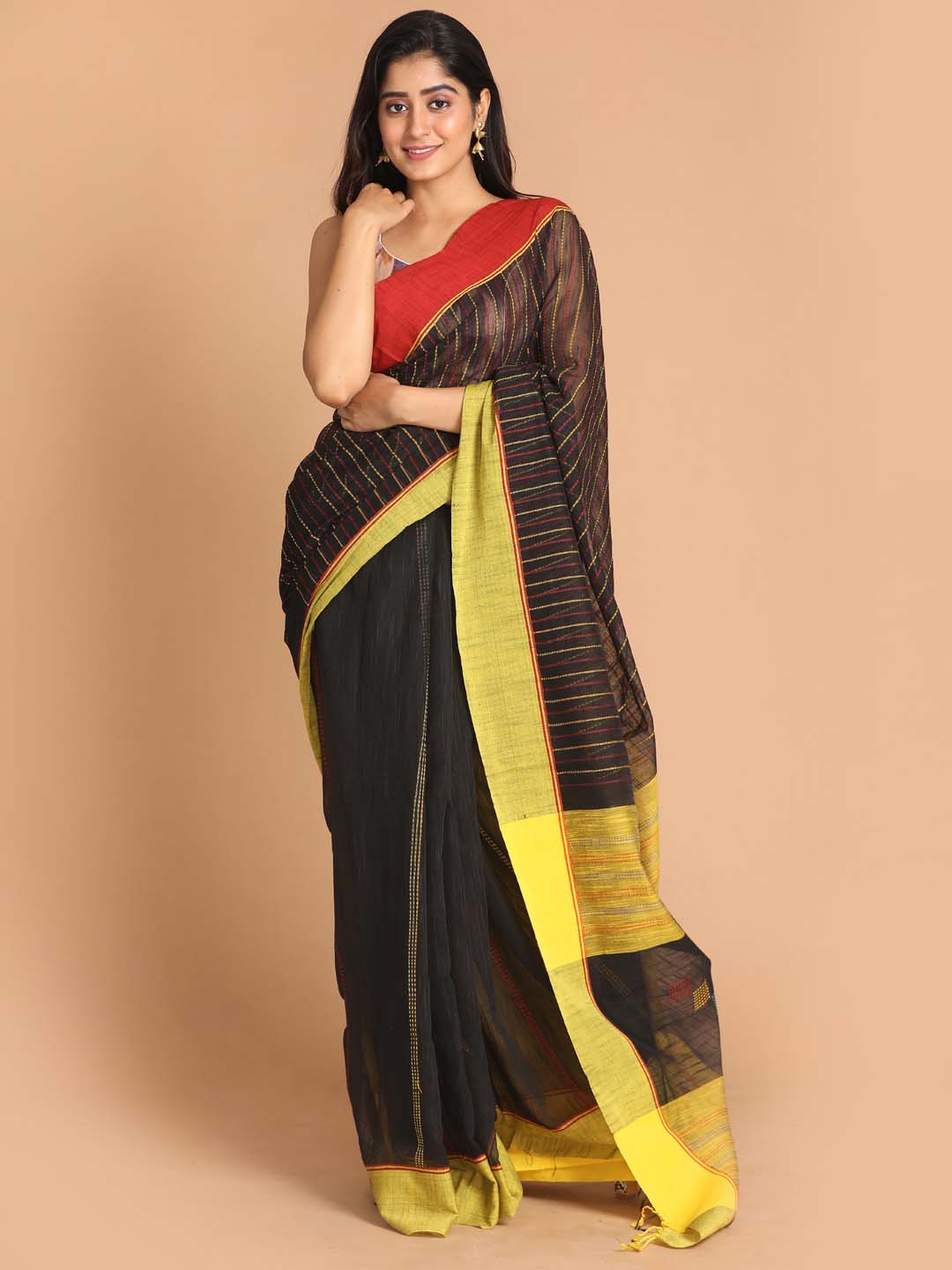 Indethnic Black Bengal Handloom Cotton Blend Work Saree - View 1