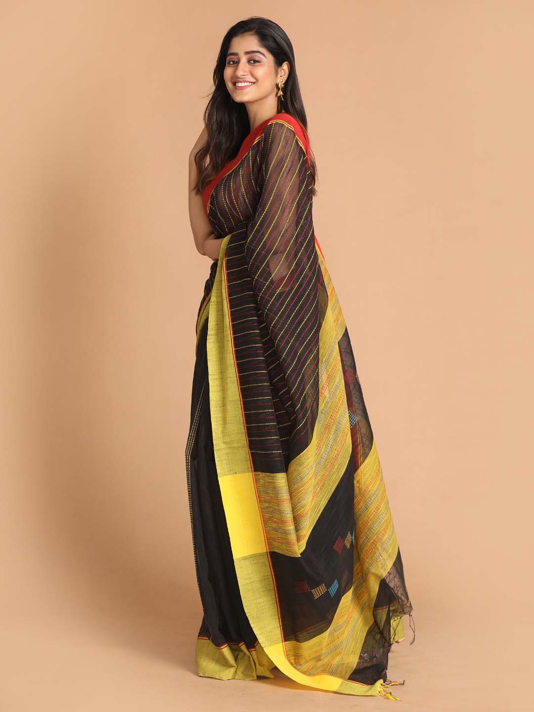 Indethnic Black Bengal Handloom Cotton Blend Work Saree - View 2