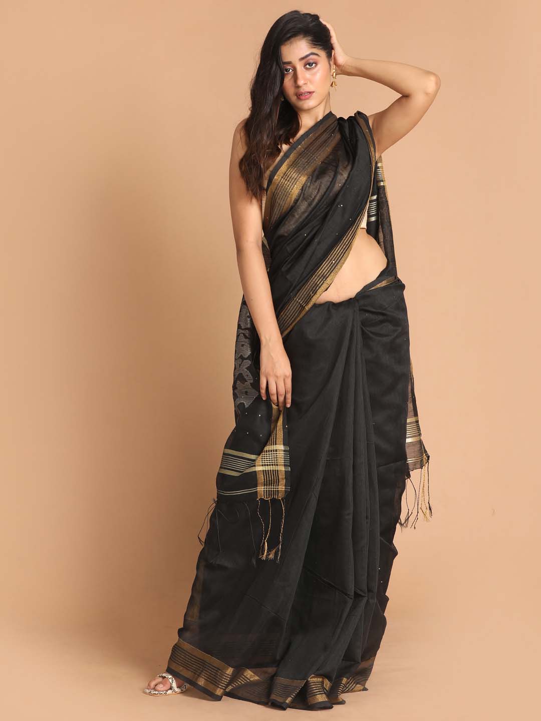 Indethnic Black Bengal Handloom Cotton Blend Party Saree - View 1