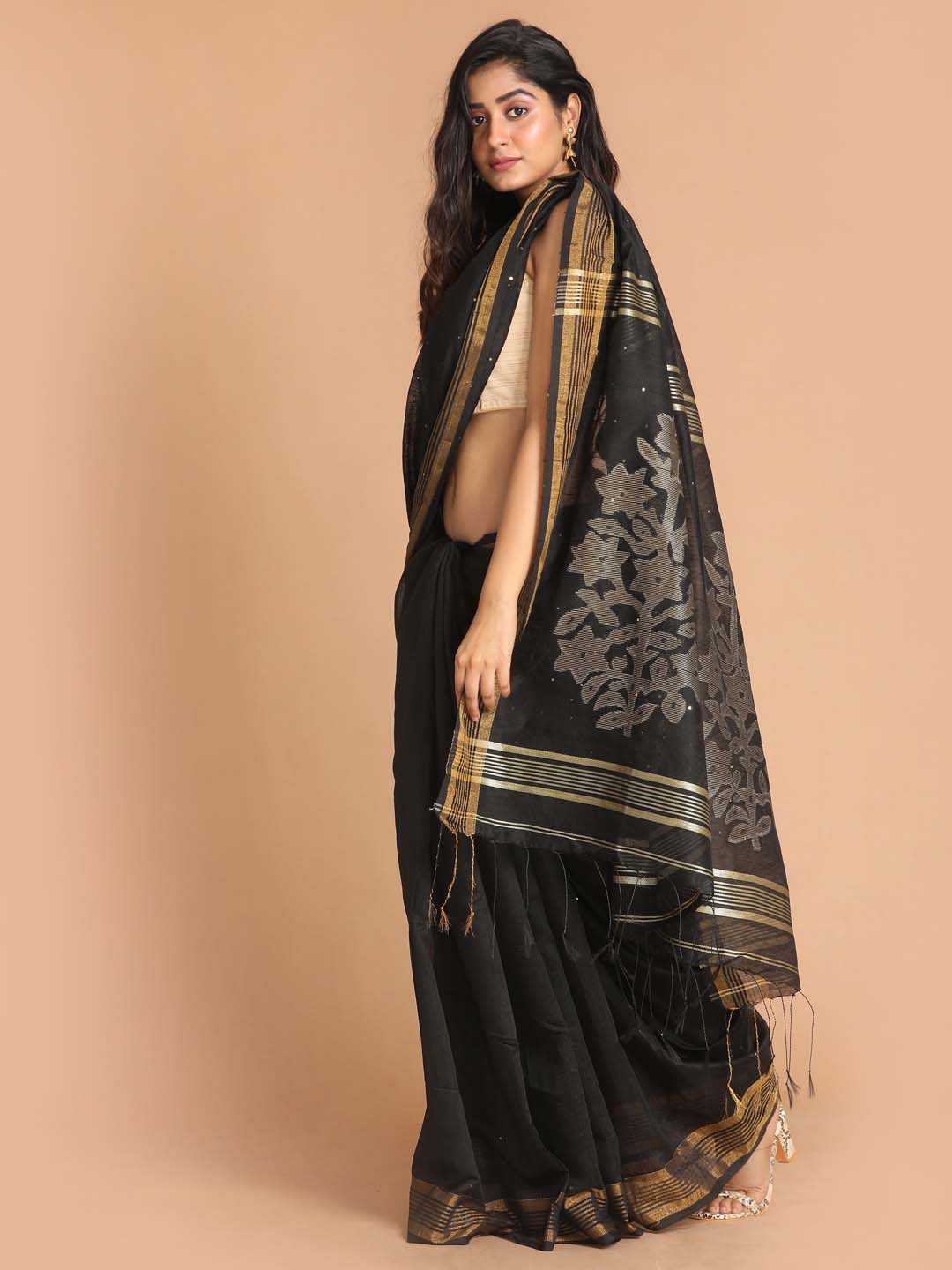 Indethnic Black Bengal Handloom Cotton Blend Party Saree - View 2
