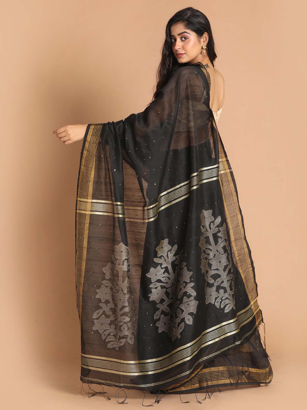 Indethnic Black Bengal Handloom Cotton Blend Party Saree - View 3