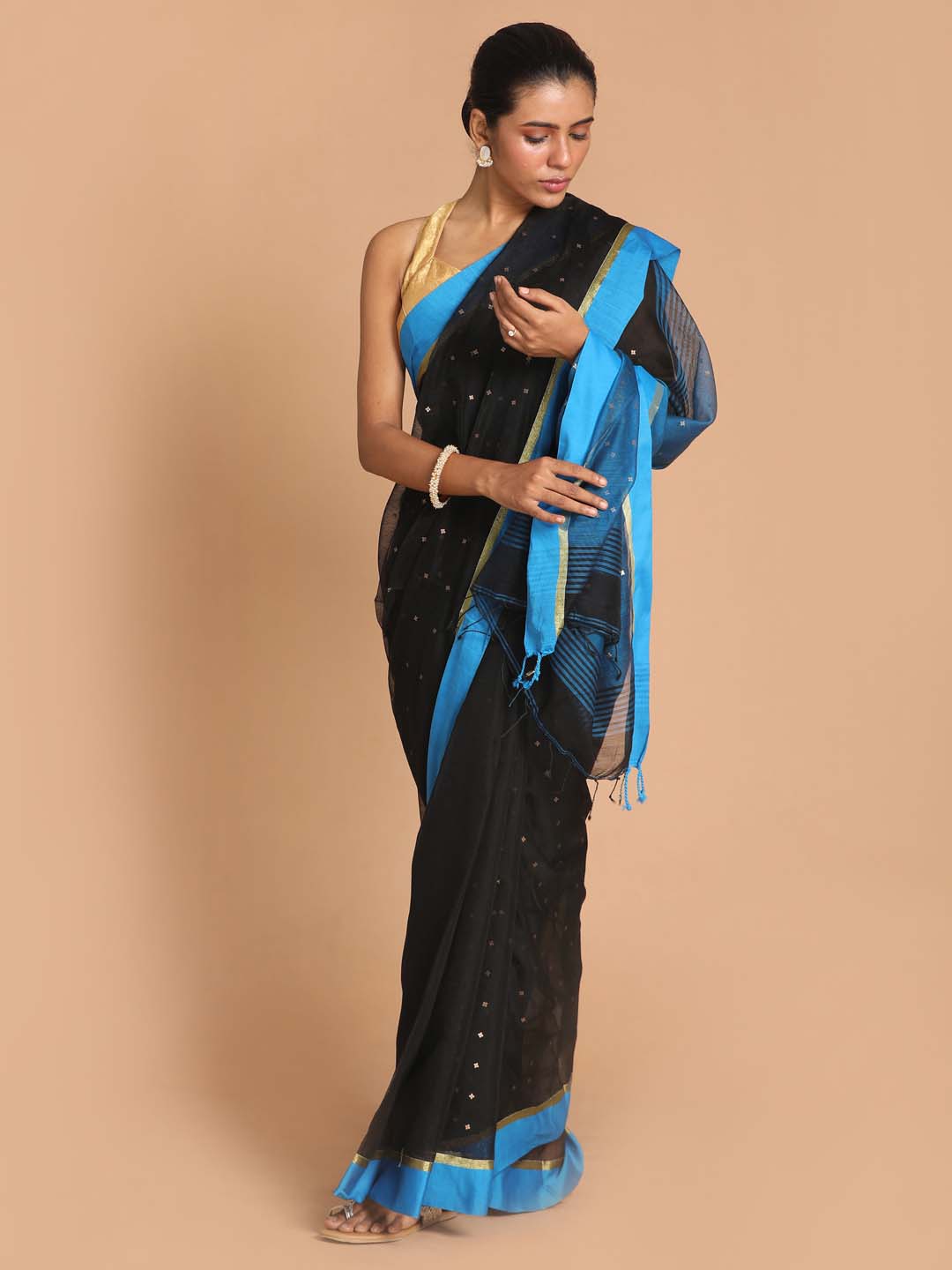 Indethnic Black Bengal Handloom Cotton Blend Work Saree - View 1