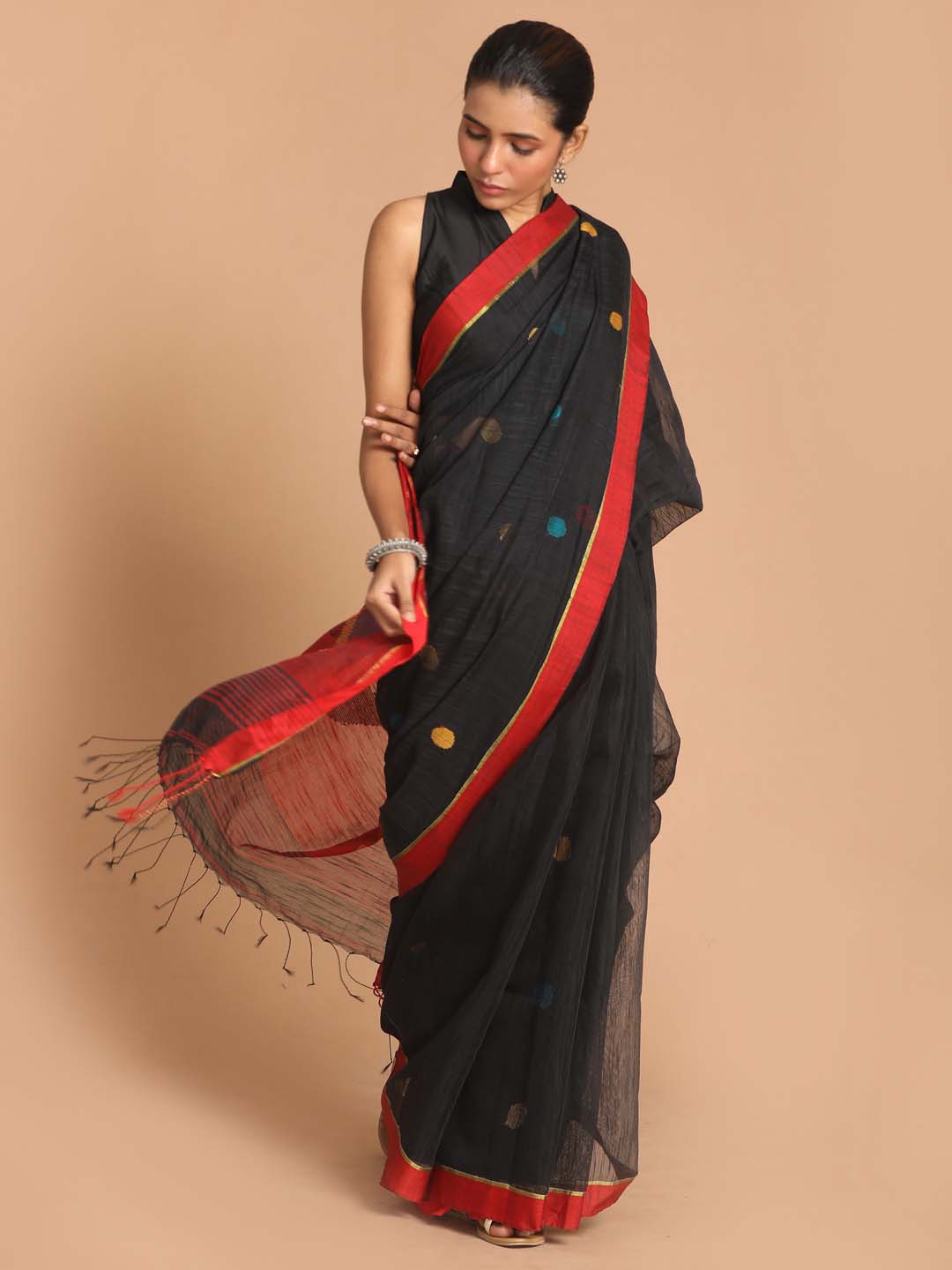 Indethnic Black Bengal Handloom Cotton Blend Work Saree - View 1