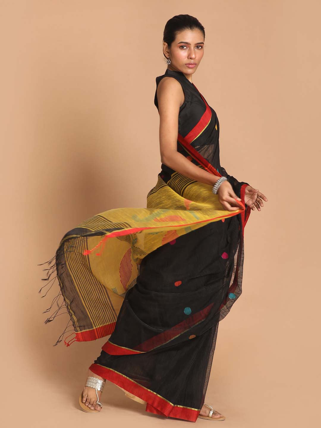 Indethnic Black Bengal Handloom Cotton Blend Work Saree - View 1