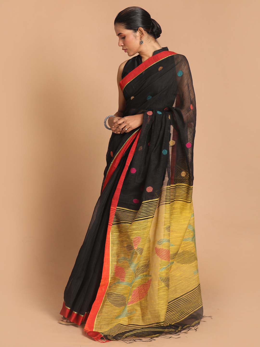 Indethnic Black Bengal Handloom Cotton Blend Work Saree - View 2