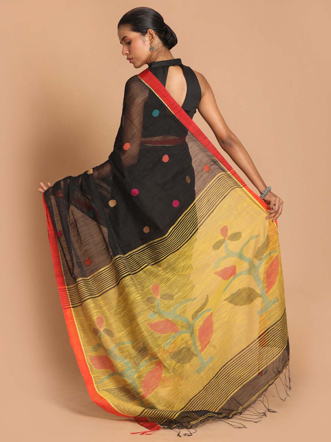 Indethnic Black Bengal Handloom Cotton Blend Work Saree - View 3