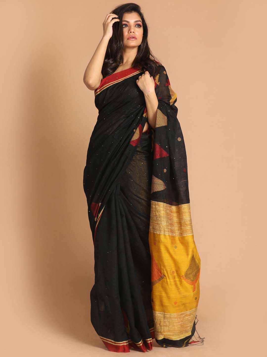 Indethnic Black Bengal Handloom Cotton Blend Work Saree - View 1