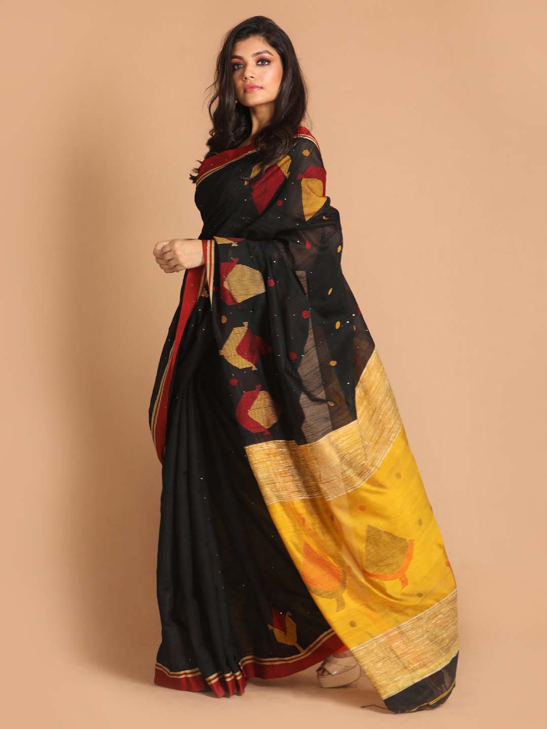 Indethnic Black Bengal Handloom Cotton Blend Work Saree - View 2