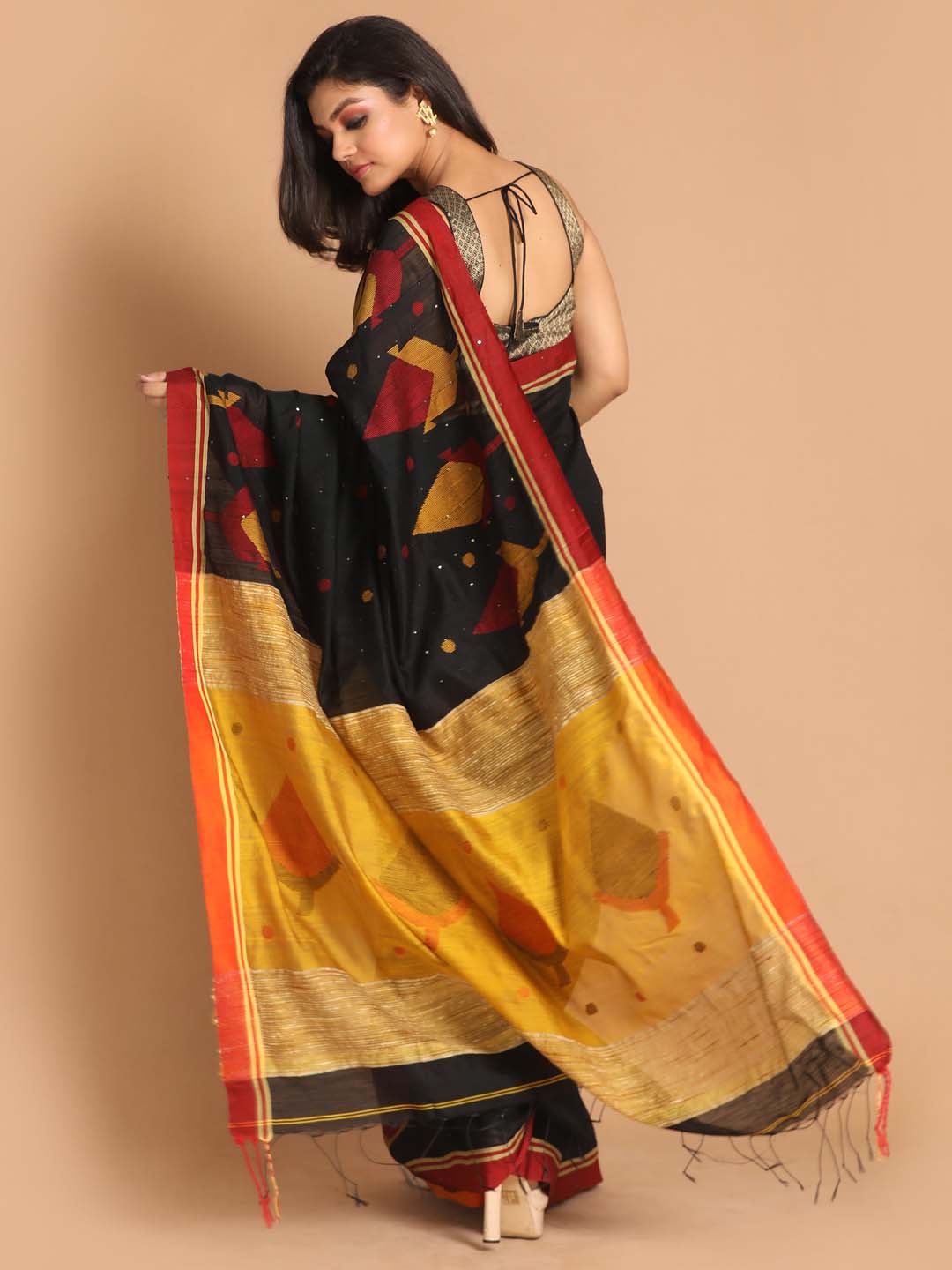 Indethnic Black Bengal Handloom Cotton Blend Work Saree - View 3