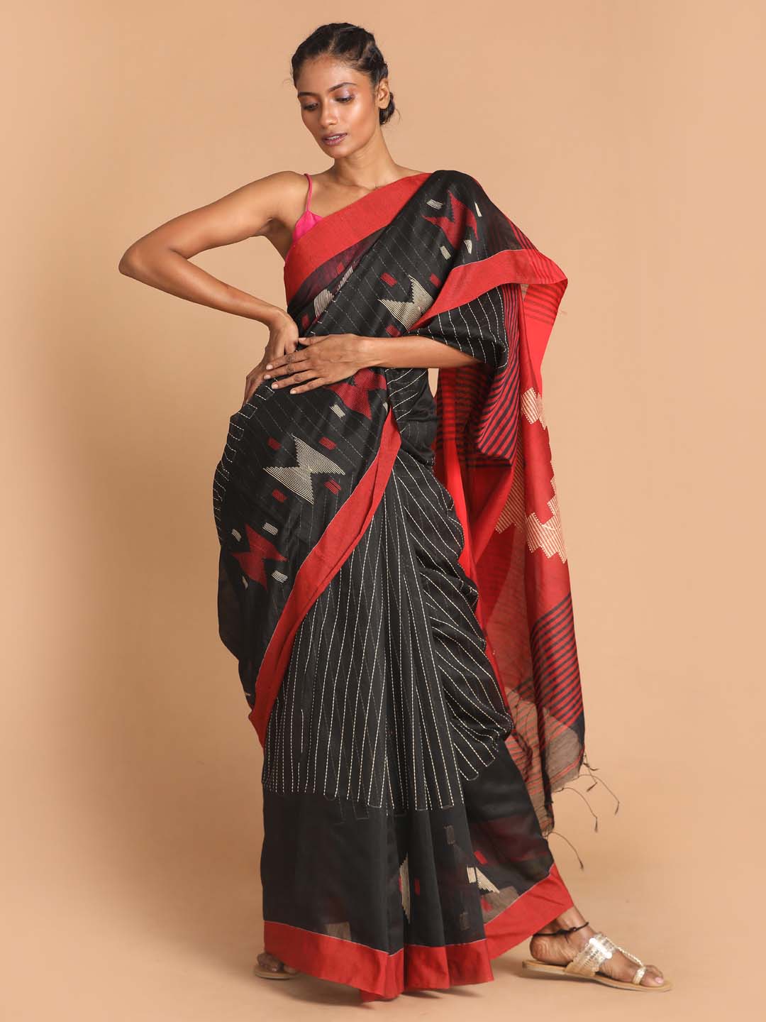 Indethnic Black Bengal Handloom Cotton Blend Work Saree - View 1