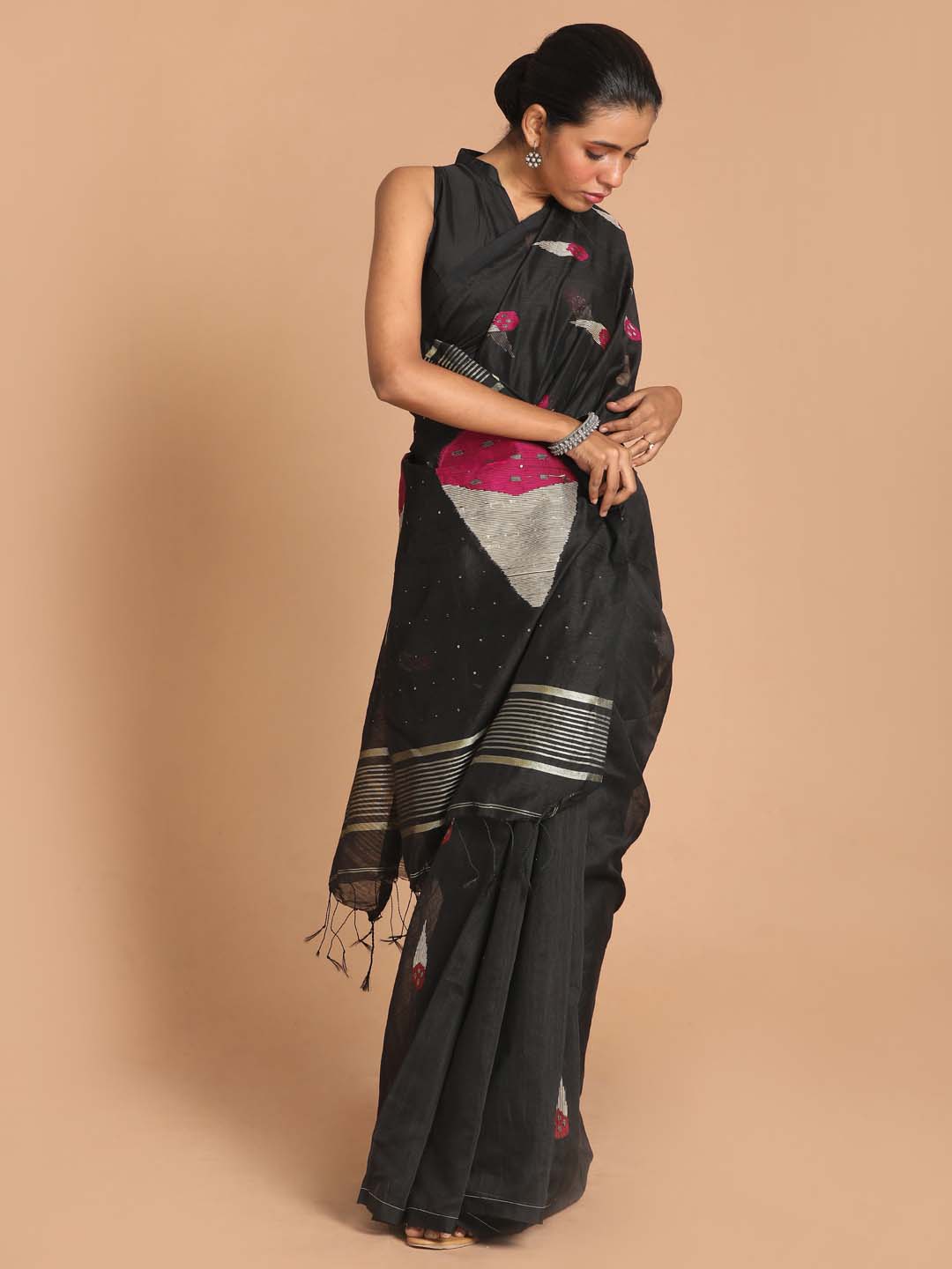 Indethnic Black Bengal Handloom Cotton Blend Work Saree - View 1