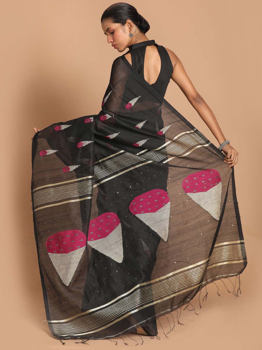 Indethnic Black Bengal Handloom Cotton Blend Work Saree - View 3