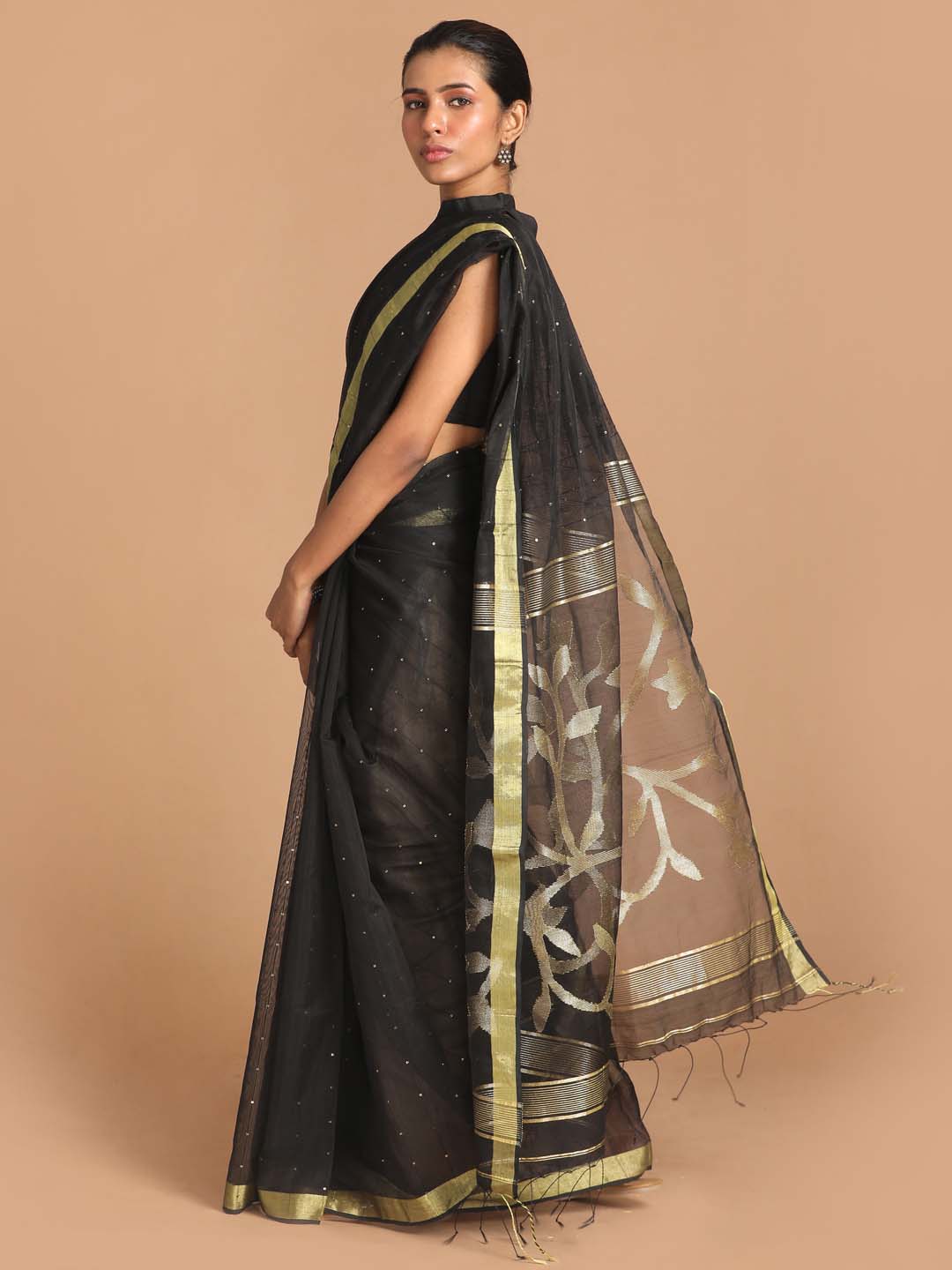 Indethnic Black Bengal Handloom Cotton Blend Work Saree - View 2