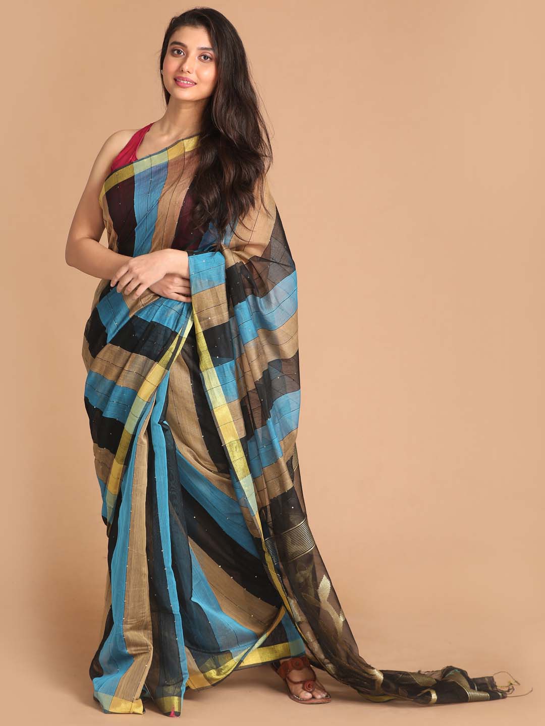 Indethnic Black Bengal Handloom Cotton Blend Work Saree - View 1