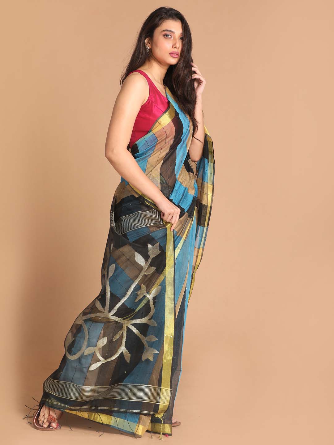 Indethnic Black Bengal Handloom Cotton Blend Work Saree - View 2